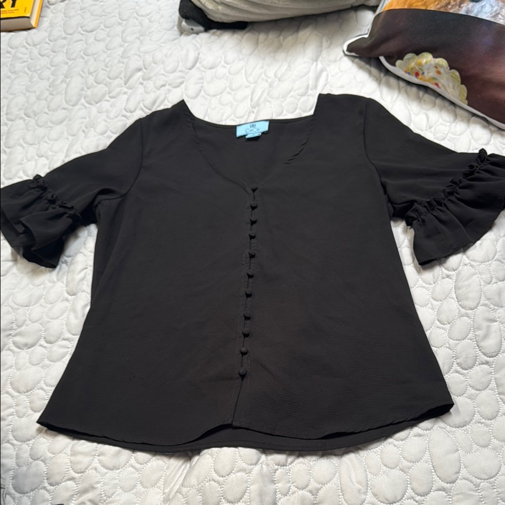 CeCe Black Ruffled 3/4 Sleeve Blouse